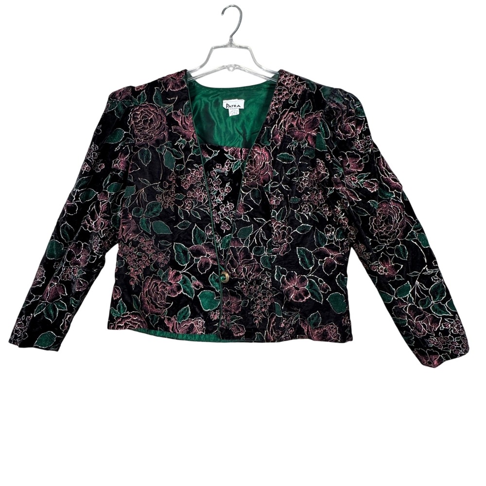 Patra Blazer‎ Green Pink Gold Floral Velvet Jacket Button Front Party Size XL
